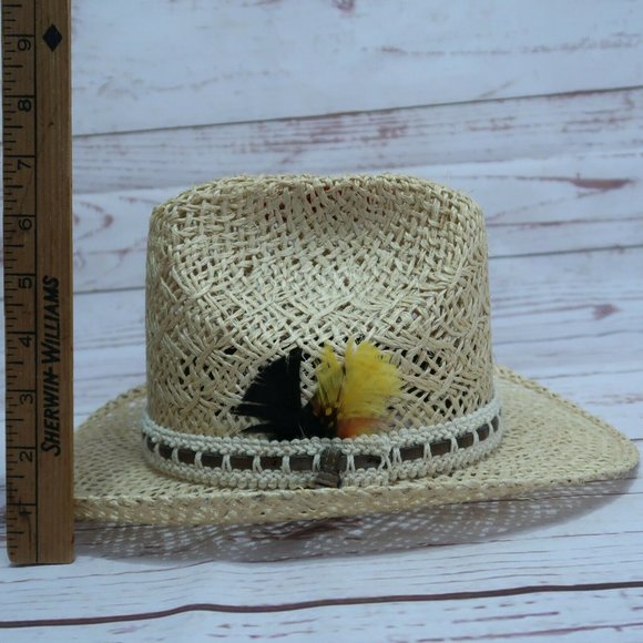 BAILEY U-ROLLIT Straw Western Rodeo Hat Brown Ribbon/Orange Feather - Size 6 3/4 - Picture 4 of 6